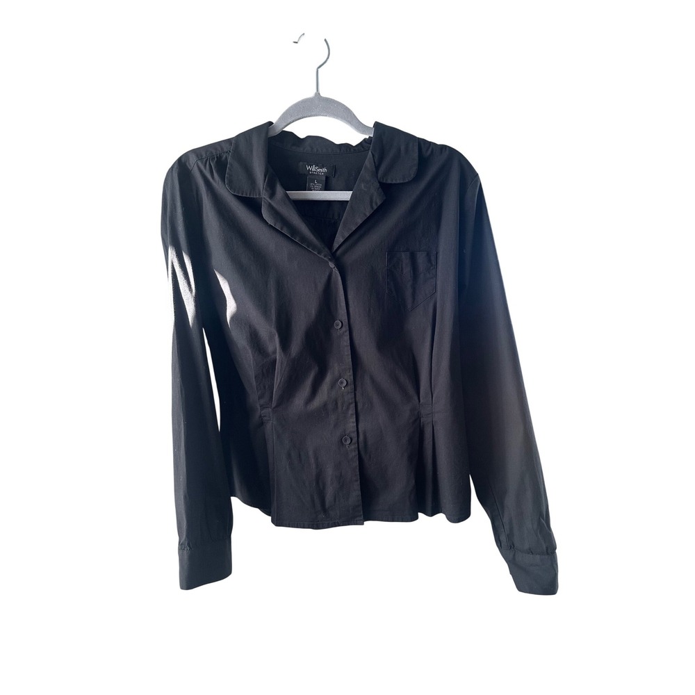 WilliSmith Stretch Womens Black Button Down Long Sleeve Pleated Shirt Large